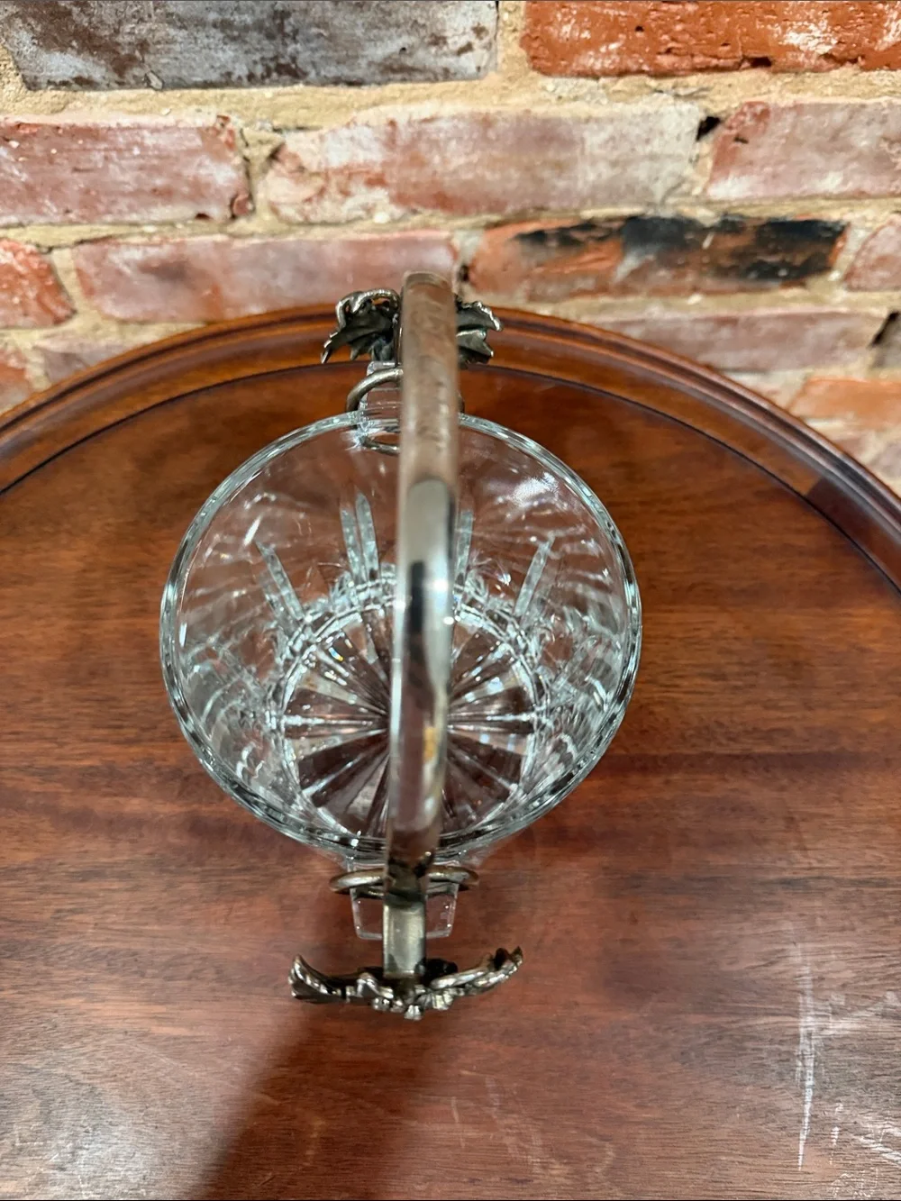 Vintage Italian Cut Glass Ice Bucket with Ornate Grape Handle